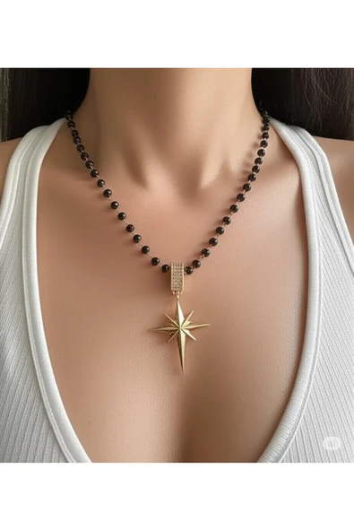 FAMEMUS ACCESSORY Gece Yıldızı Siyah Boncuklu Çağla Kolye (60cm) ürün görseli 1