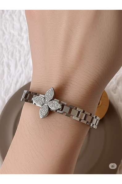 FAMEMUS ACCESSORY Zirkon Taşlı Çiçek Detaylı Kadın Çelik Bileklik ürün görseli 1