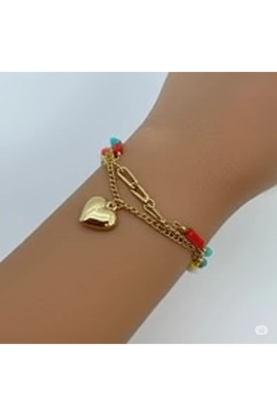 FAMEMUS ACCESSORY Renkli Boncuk Detaylı Altın Renk Zincir Kadın Kolye ürün görseli 1
