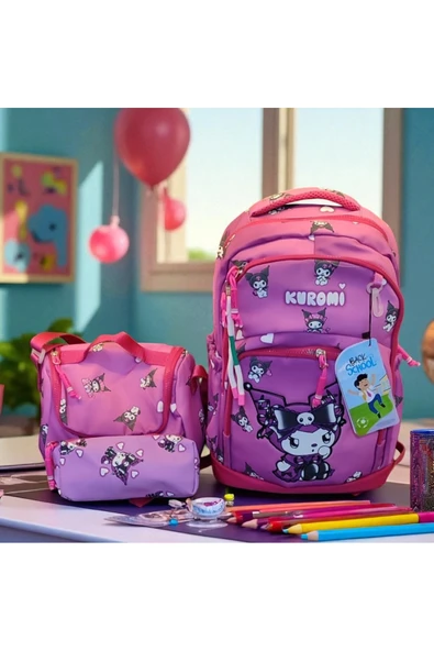FAMEMUS ACCESSORY Kuromi 3 lü Çanta Seti (Çanta boyut:50 cm beslenme boyut:30 cm kalemlik:10 cm) Ekstra kalite kumaş ürün görseli 1