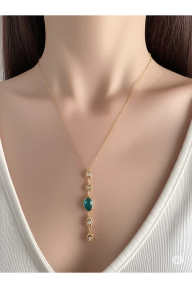 FAMEMUS ACCESSORY Mavi Topaz & Kristal Damla Uzun Kolye ürün görseli 1