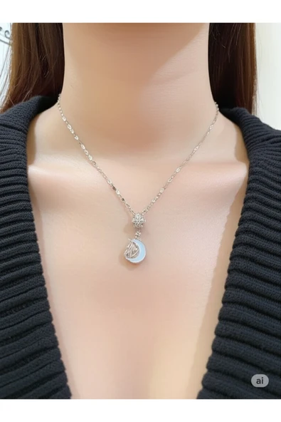 FAMEMUS ACCESSORY Ay Figürlü Fantastik Kolye Çelik Silver Kolye 45cm ürün görseli 1
