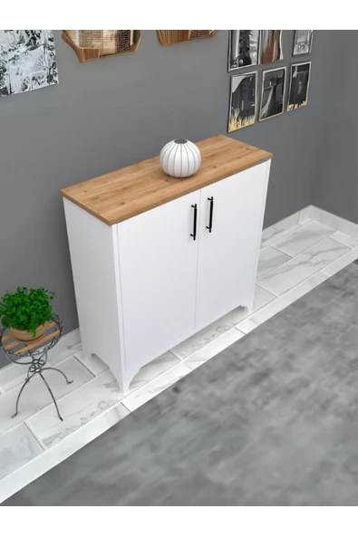 Buzkan Mobilya %100 Mdf 2 Kapaklı Küp Üstü Desenli Ayakkabılık Beyaz ürün görseli 1