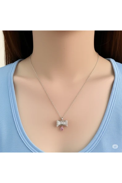 FAMEMUS ACCESSORY Taş Detaylı Fiyonk Model Çelik Renk Kolye ürün görseli 1