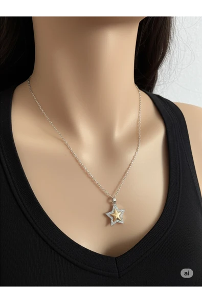 FAMEMUS ACCESSORY Çelik Zincir Gümüş Renk Zirkon Taşlı Tasarım Altın Renk Yıldız Kolye ürün görseli 1