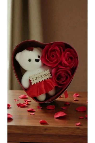 FAMEMUS ACCESSORY Sevgililer Gününe Özel Kalpli Kutuda I LOVE YOU yazan güllü ayıcık boyut:11cm ürün görseli 1