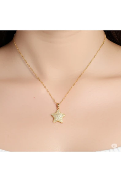 FAMEMUS ACCESSORY Çelik Zirkon Taşlı Yıldız Model Gold Renk Kadın Kolye(10351) ürün görseli 1