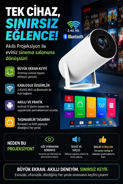 Taşınabilir Sinema Projektörü Ev Sineması Bluetooth Android 11 Akıllı Projeksiyon Wifi Beyaz (HY300 Pro ) ürün görseli 1
