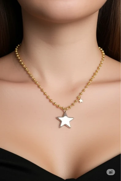 FAMEMUS ACCESSORY Pirinç Gold Renk Topçuk Zincir 3D Yıldız Model Yıldız Detay VİP Kadın Kolye ürün görseli 1