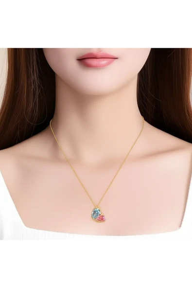 FAMEMUS ACCESSORY Özel Koleksiyon Kalp ve Damla Taşlı Gold Renk Çelik Kolye - Şık ve Zarif Tasarım ürün görseli 1
