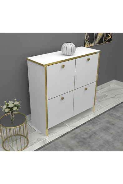 Buzkan Mobilya %100 Mdf 4 Kapaklı Küp Altın Sarısı Desenli Ayakkabılık Beyaz - Altın Sarısı Desenli ürün görseli 1