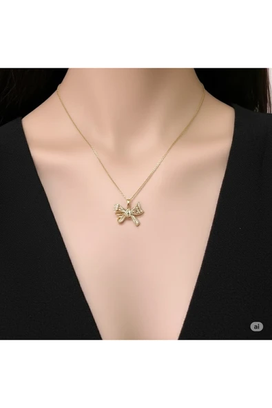FAMEMUS ACCESSORY Çelik Fiyonk Detaylı Gold Kolye Sevgiler ve Özel günler ürün görseli 1