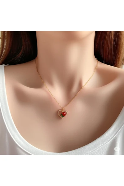 FAMEMUS ACCESSORY Çelik Zincirli Gold Renk Zirkon Taşlı Kalp İçinde Kırmızı Gül Tasarımlı Kolye ürün görseli 1