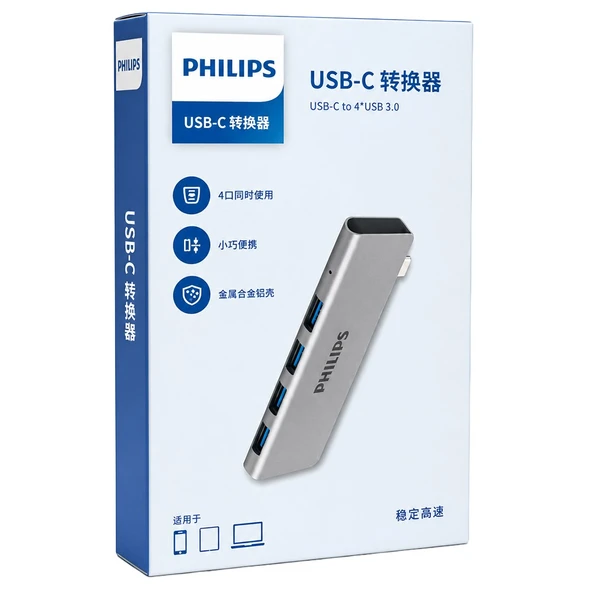 Philips SWR1604P/93 USB-C To 4 Port USB 3.0 Ultra İnce Alüminyum Hub Çoklayıcı ürün görseli 1