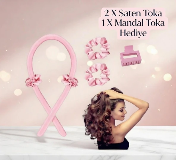 Isısız Saç Şekillendirme Seti Pudrapembe Saten Saç Sosisi %100 Saf Ipek Saten ürün görseli 1