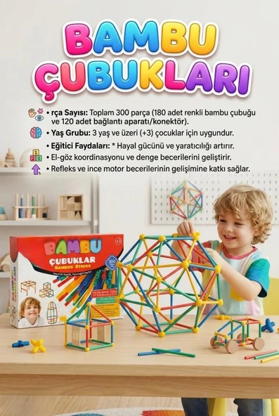 Bambu Çubuklar 300 Parça Eğitici Yapım Seti - Zeka Geliştirici İnşa Blokları Oyuncak ürün görseli 1