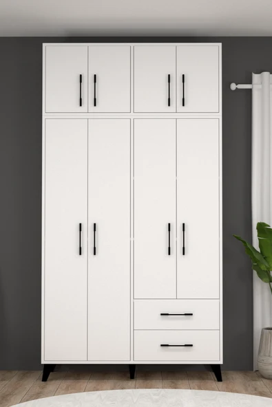 Ediz Sekiz Kapaklı İki Çekmeceli Beyaz Gardırop XL ürün görseli 1
