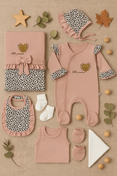 Leopar Desenli Tulum 8'li Hastane Çıkışı Yenidoğan Set 5016 ürün görseli 1
