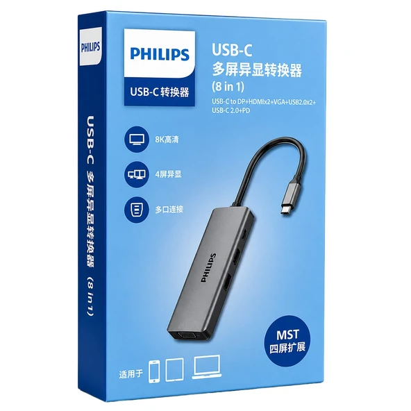 Philips SWR1602S/93 USB-C 8'İ 1 Arada 8K DP + Dual 4K HDMI + VGA 100W PD Ultra Hub İstasyonu ürün görseli 1