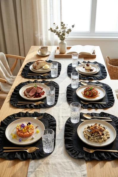 Pamuklu Fırfırlı Kare Supla 6'lı Set Amerikan Servis 33 Cm Supla Siyah ürün görseli 1