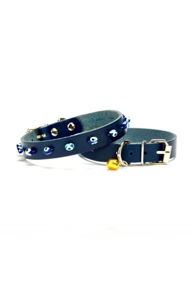 Cattie Gerçek Deriden El Yapımı Boncuklu Kedi Boyun Tasması 1x18-22cm - Royal Blue ürün görseli 1