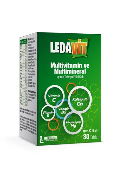 VİTADERMA Ledavit Multivitamin Mineral 30 Tablet (KALSİYUM MAGNEZYUM ÇİNKO DEMİR VB.) ürün görseli 1