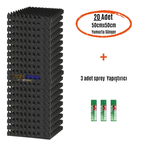 Akustik Yumurta Sünger 60dns Yanmaz 50cmx50cm 25mm (20adet + 3 Sprey Yapıştırıcı) ürün görseli 1