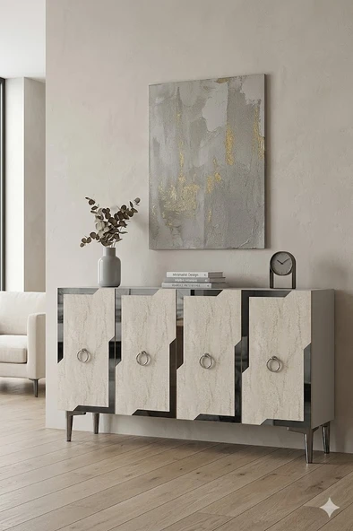 KA1233BTS SEZA Konsol ve Tv Sehpası Beyaz-Traverten-Silver 120cm ürün görseli 1