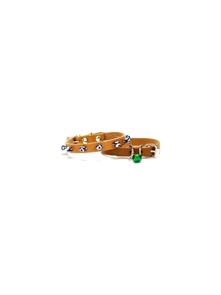 Cattie Gerçek Deriden El Yapımı Boncuklu Kedi Boyun Tasması 1x18-22cm - Camel ürün görseli 1