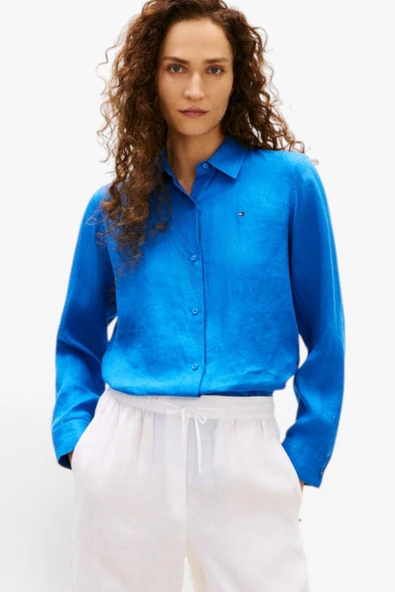 Tommy Hilfiger   ESS LINEN RELAXED SHIRT Kadın Mavi UK Gömlek - WW0WW44679 ürün görseli 1