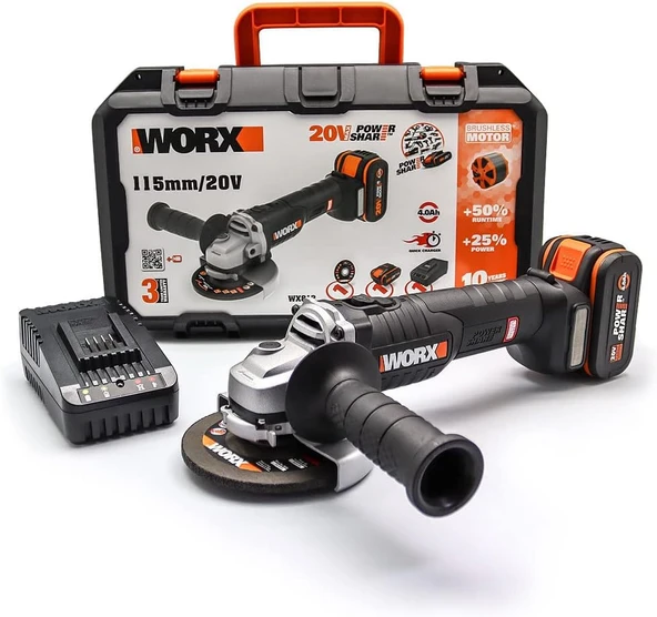 Worx Wx813 20Volt 4.0Ah. Li-Ion Tek Akülü 115Mm Kömürsüz Profesyonel Şarjlı Avuç Taşlama ürün görseli 1
