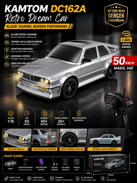 KAMTOM DC162A Retro Dream Car 1:16 4x4 Drift Uzaktan Kumandalı Araba 50 Km/H Hız Işıklı Şarjlı E30 ürün görseli 1