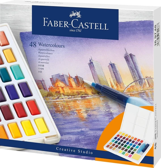 Faber-Castell Creative Studio Tablet Suluboya Seti, 48 Renk, Su Bazlı Pigment, Karıştırma Paleti Ve ürün görseli 1