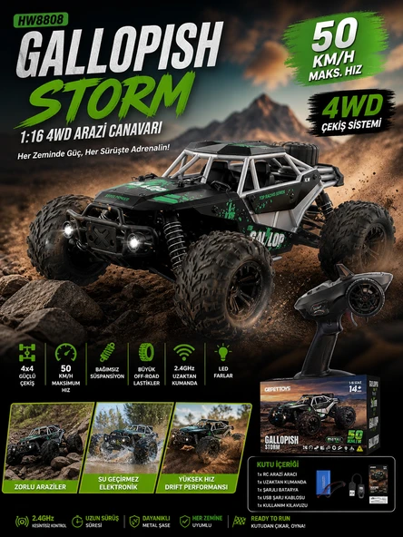 Gallopish Storm 1:16 4WD Uzaktan Kumandalı HW8808 Arazi Aracı  50 Km/H Hız Metal Şase Işıklı Off-Road Canavar RC Araba ürün görseli 1