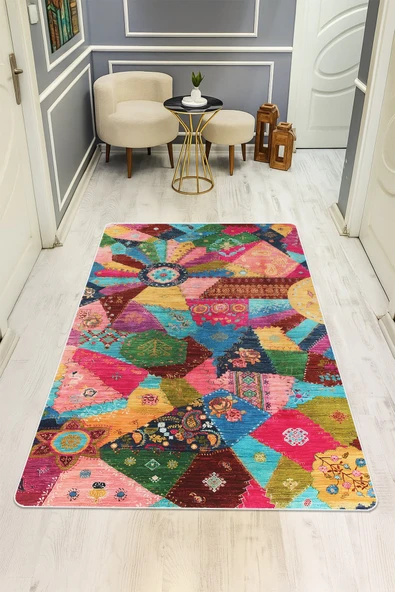 Etnik Desenli Dijital Baskı Kaymaz Taban Halı H0889 RENKLİ 80 X 150 ürün görseli 1