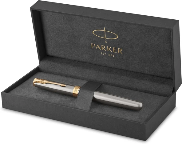 Parker Sonnet Paslanmaz Çelik Altın Tasarımlı Dolma Kalem, Orta Kalınlıkta Uç, Mavi Mürekkep ürün görseli 1