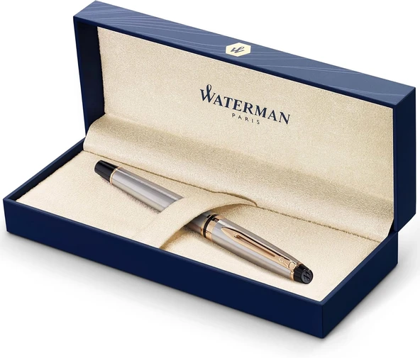 Waterman Expert Paslanmaz Çelik Altın Tasarımlı Roller Kalem, İnce Uç, Siyah Mürekkep ürün görseli 1