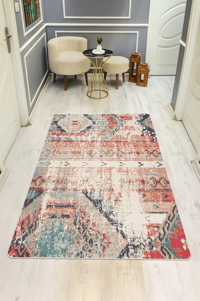 Eskitme Desenli Dijital Baskı Kaymaz Taban Halı H1009 RENKLİ 80 X 150 ürün görseli 1