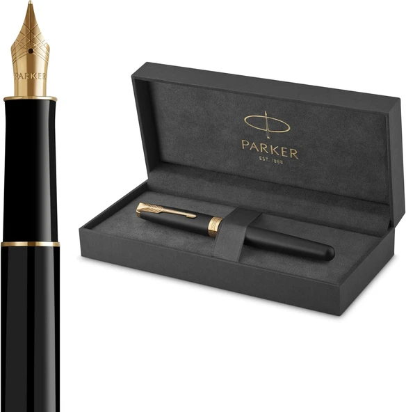 Parker Sonnet Mat Siyah Altın Tasarımlı Dolma Kalem, Orta Kalınlıkta Uç, Mavi Mürekkep ürün görseli 1