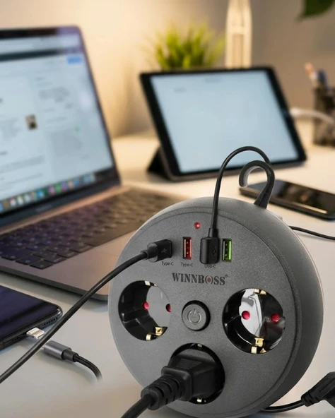 Çoklu Priz Akım Koruma 3 Soket 3 USB Type C Hızlı Şarj 2m Uzatma Kablosu ürün görseli 1