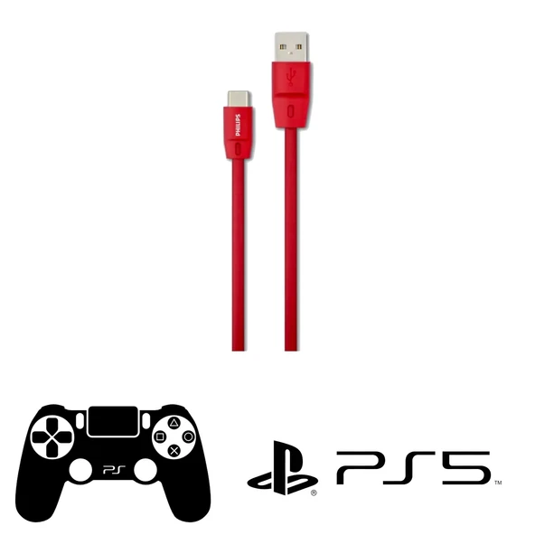 Philips Playstation 5 Uyumlu Joystick Şarj Kablosu 5A 100W UsbA to Type-C 1.8 M Hızlı Şarj Data Kablosu Kırmızı DLC2529C ürün görseli 1