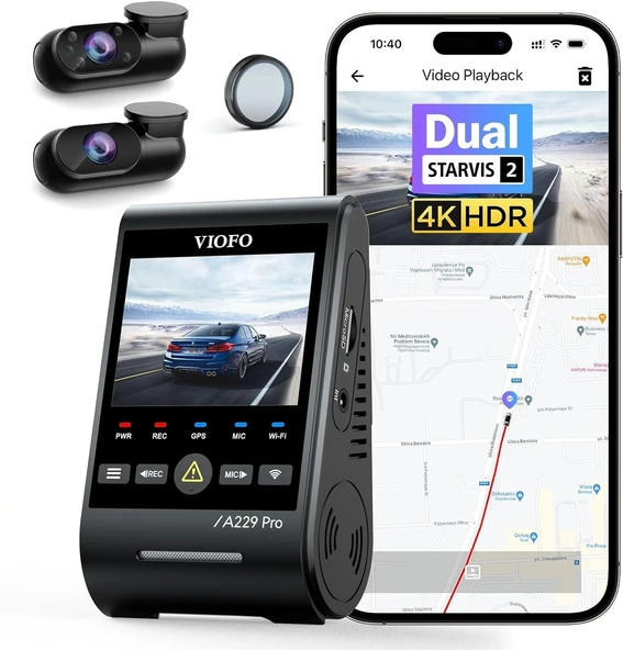 Viofo A229 Pro 3 Kameralı Ön-İç-Arka 4K+2K+1080P Hdr Sony Starvis 2 İle Uyumlu Wifi Gps Araç Kameras ürün görseli 1