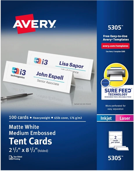 Avery Yazdırılabilir Çadır Kartları, 6,4 X 21,6 Cm, Kabartmalı Kenarlı Beyaz, 100 Adet (05305) ürün görseli 1