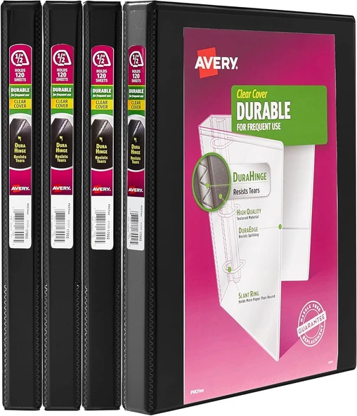 Avery Durable Şeffaf Dosya, 4'Lü Paket, 0,5 Inç, Siyah ürün görseli 1