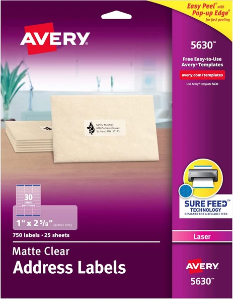 Avery Mat Şeffaf Adres Etiketleri, Sure Feed Teknolojisi, Lazer, 1" X 2-5/8", 750 Etiket, 5 Paket (5 ürün görseli 1