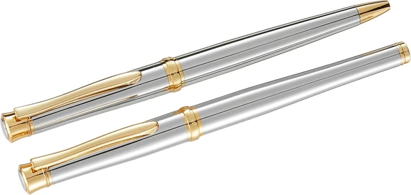 Steelpen Lemans Serisi 813 Krom Gold Roller Kalem+Tükenmez Kalem ürün görseli 1