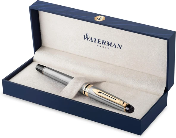 Waterman Expert Paslanmaz Çelik Altın Tasarımlı Dolma Kalem, Orta Kalınlıkta Uç, Mavi Mürekkep ürün görseli 1