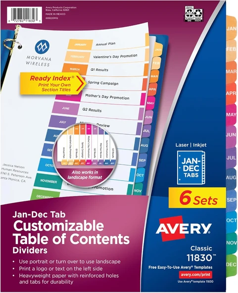Avery 3 Halkalı Kitap Için Aylık Ayraç, Ayarlanabilir Içindekiler, Çok Renkli, 6 Set (11830) ürün görseli 1