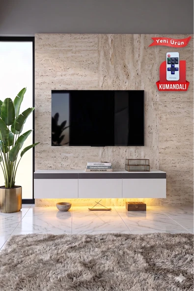 Pureline Tech Led Işıklı TV Ünitesi 180 cm - Modern TV Sehpası - Beyaz ürün görseli 1