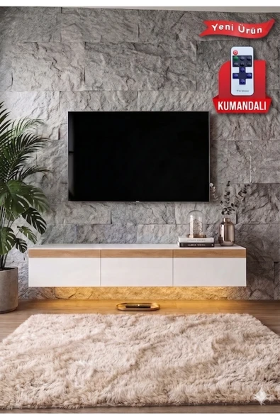Pureline Tech Led Işıklı TV Ünitesi 180 cm - Modern TV Sehpası - Beyaz ürün görseli 1